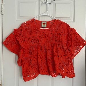 FARM RIO Orange Palm Richelieu Eyelet Blouse